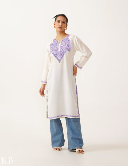 Lilac-Tinted Embroidered White Kurti - Kashmir Box