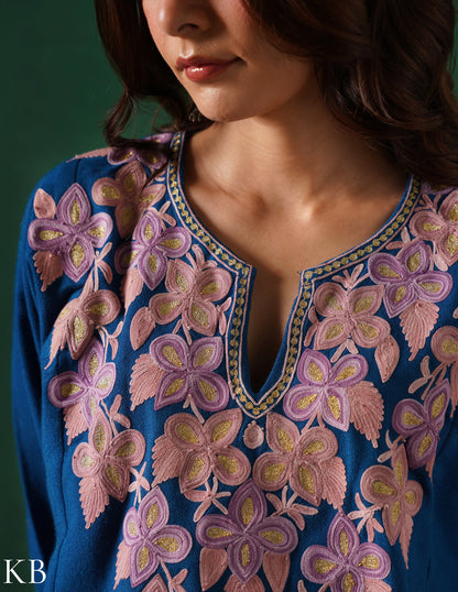 Kashmiri Aari &amp; Zari Embroidered Woollen Phiran – Teal Blue | Handcrafted Heritage