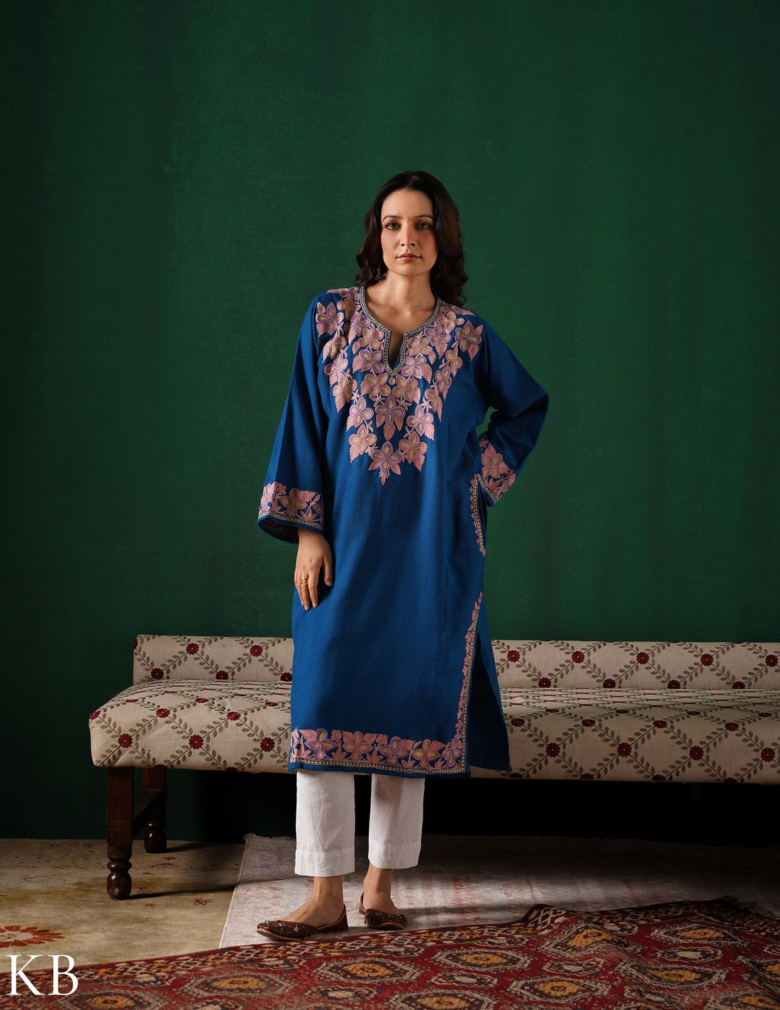 Kashmiri Aari & Zari Embroidered Woollen Phiran – Teal Blue | Handcrafted Heritage