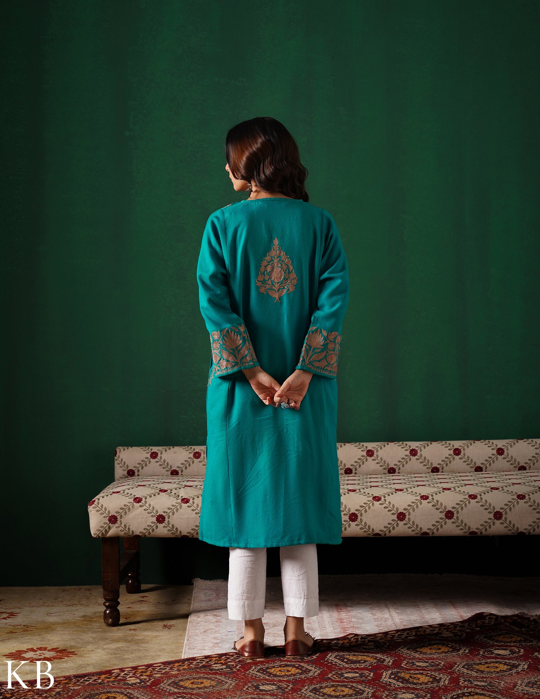 Kashmiri Dark Brown Zari Embroidered Woollen Phiran – Teal Green | Handcrafted Heritage