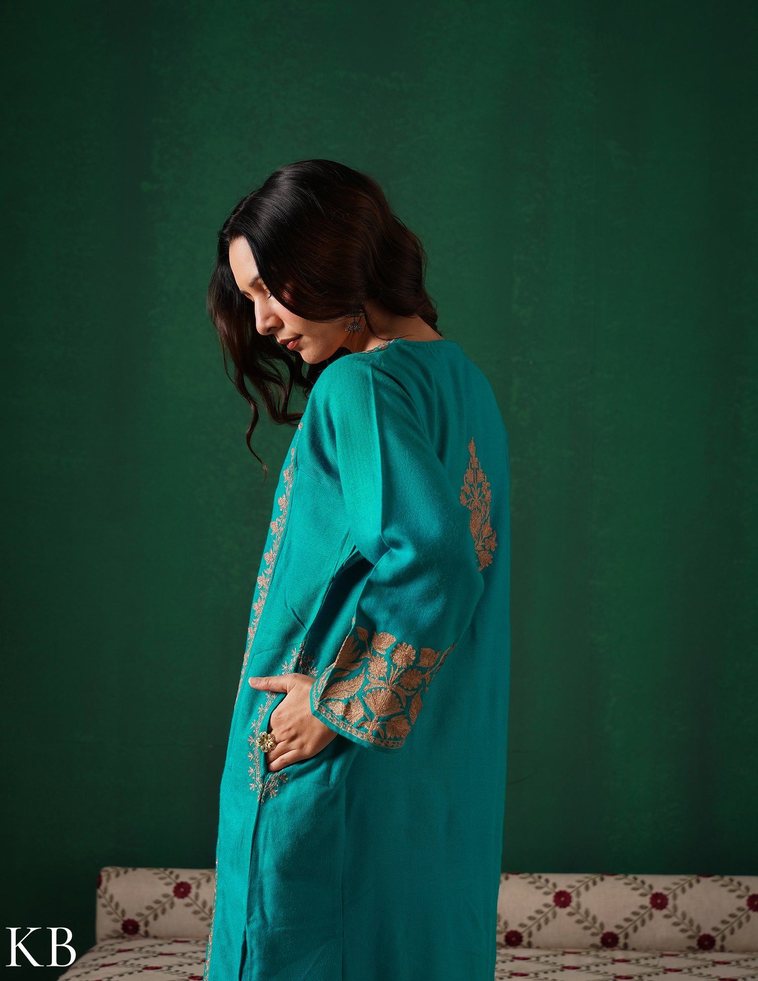 Kashmiri Dark Brown Zari Embroidered Woollen Phiran – Teal Green | Handcrafted Heritage