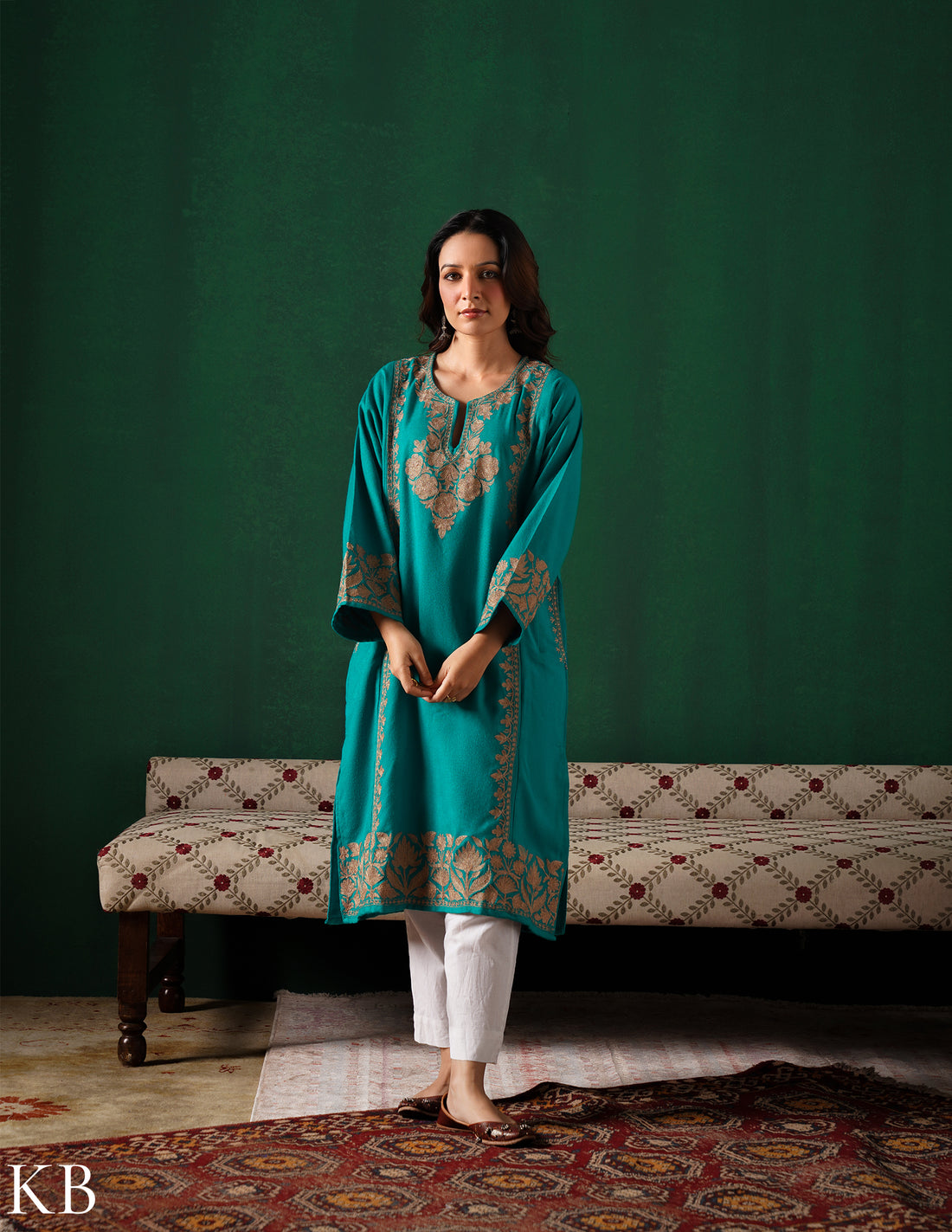 Kashmiri Dark Brown Zari Embroidered Woollen Phiran – Teal Green | Handcrafted Heritage