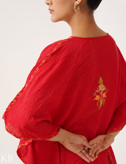 Bloom Embroidered Vibrant Red Crush Cotton Kaftan - Kashmir Box