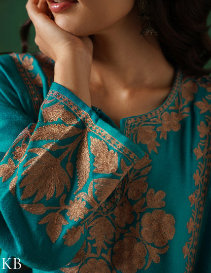 Kashmiri Dark Brown Zari Embroidered Woollen Phiran – Teal Green | Handcrafted Heritage