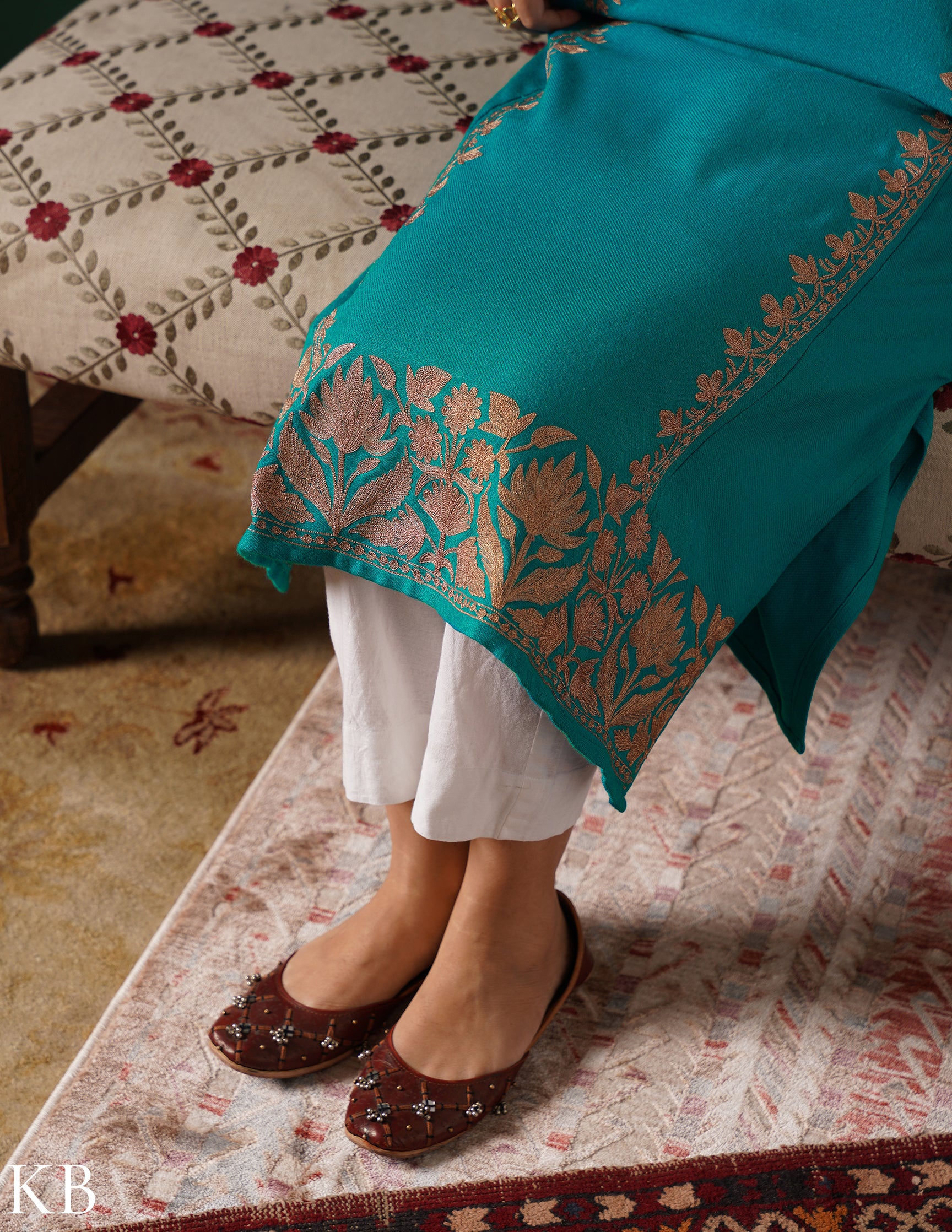 Kashmiri Dark Brown Zari Embroidered Woollen Phiran – Teal Green | Handcrafted Heritage