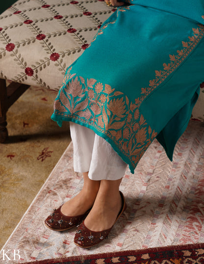 Kashmiri Dark Brown Zari Embroidered Woollen Phiran – Teal Green | Handcrafted Heritage