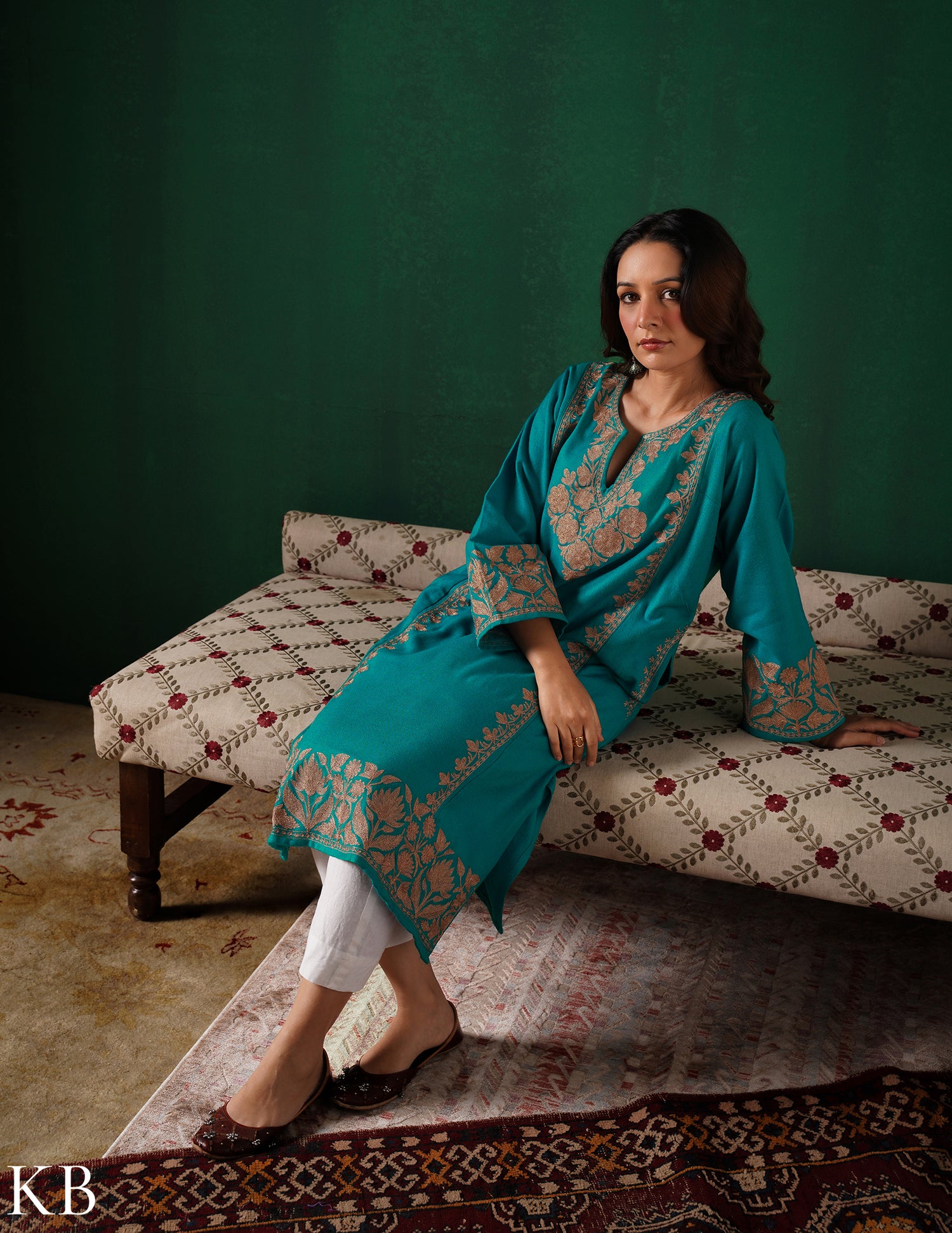 Kashmiri Dark Brown Zari Embroidered Woollen Phiran – Teal Green | Handcrafted Heritage