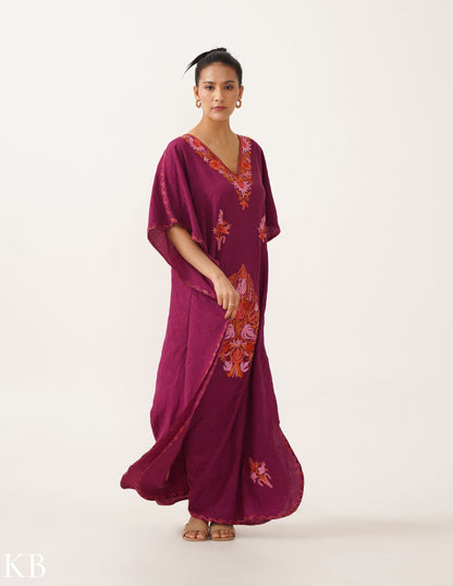 Deep Magenta Embroidered Cotton Kaftan - Kashmir Box