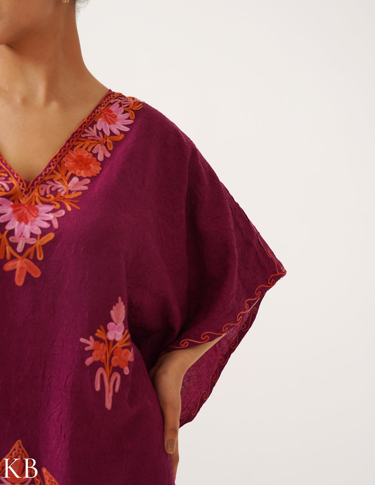 Deep Magenta Embroidered Cotton Kaftan - Kashmir Box