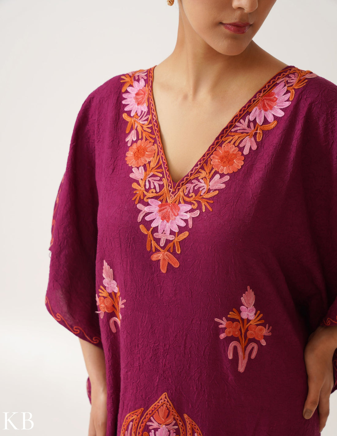 Deep Magenta Embroidered Cotton Kaftan - Kashmir Box