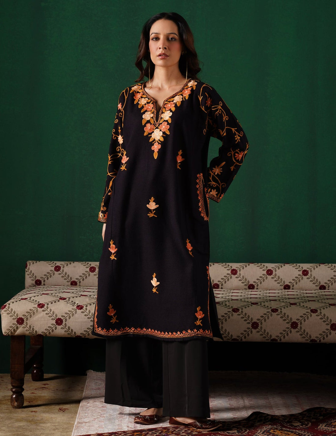 Kashmiri Pink & Brown Aari Embroidered Woollen Phiran – Black | Timeless Winter Wear - Kashmir Box