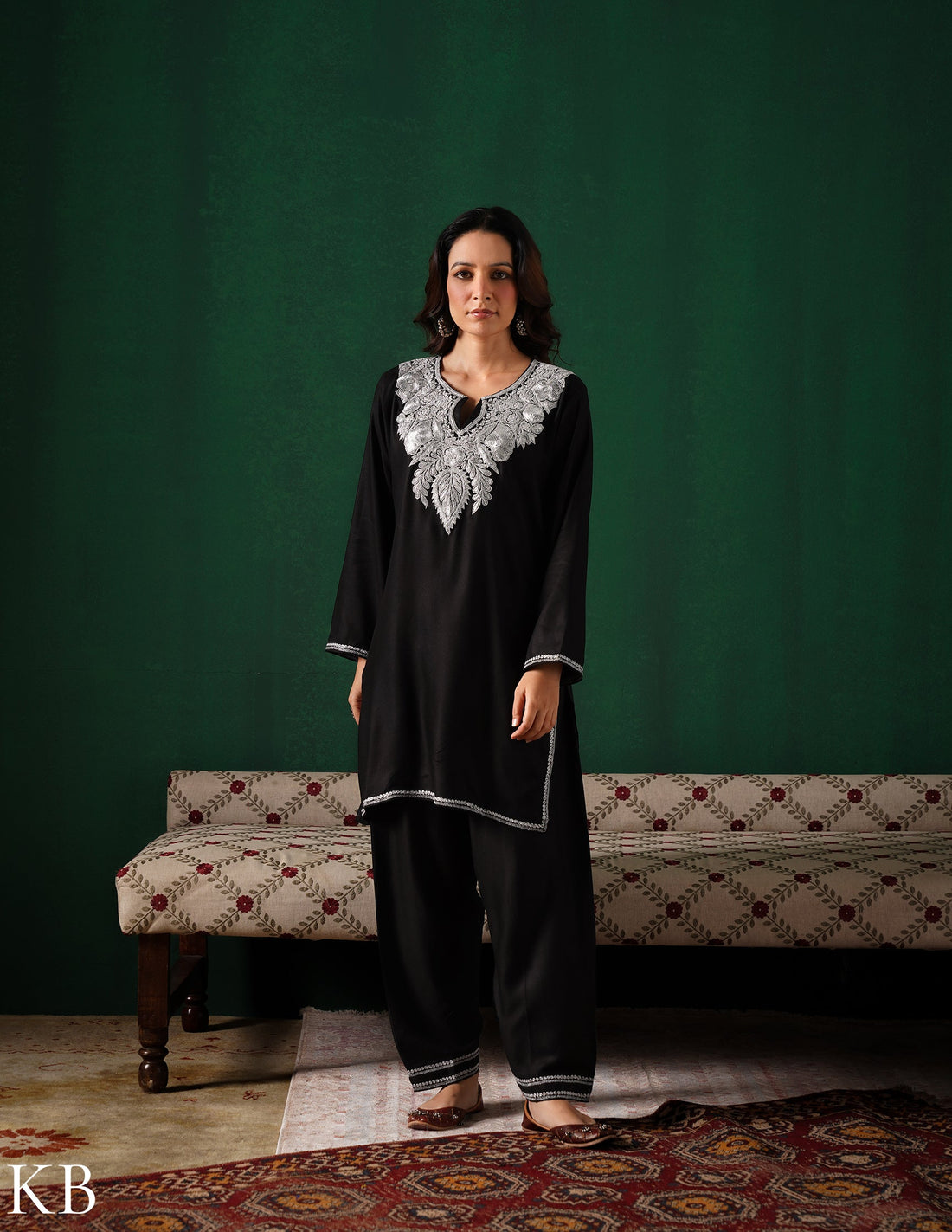 Kashmiri Silver Boti Tilla Embroidered Woollen Coordset – Black | Handcrafted Heritage - Kashmir Box