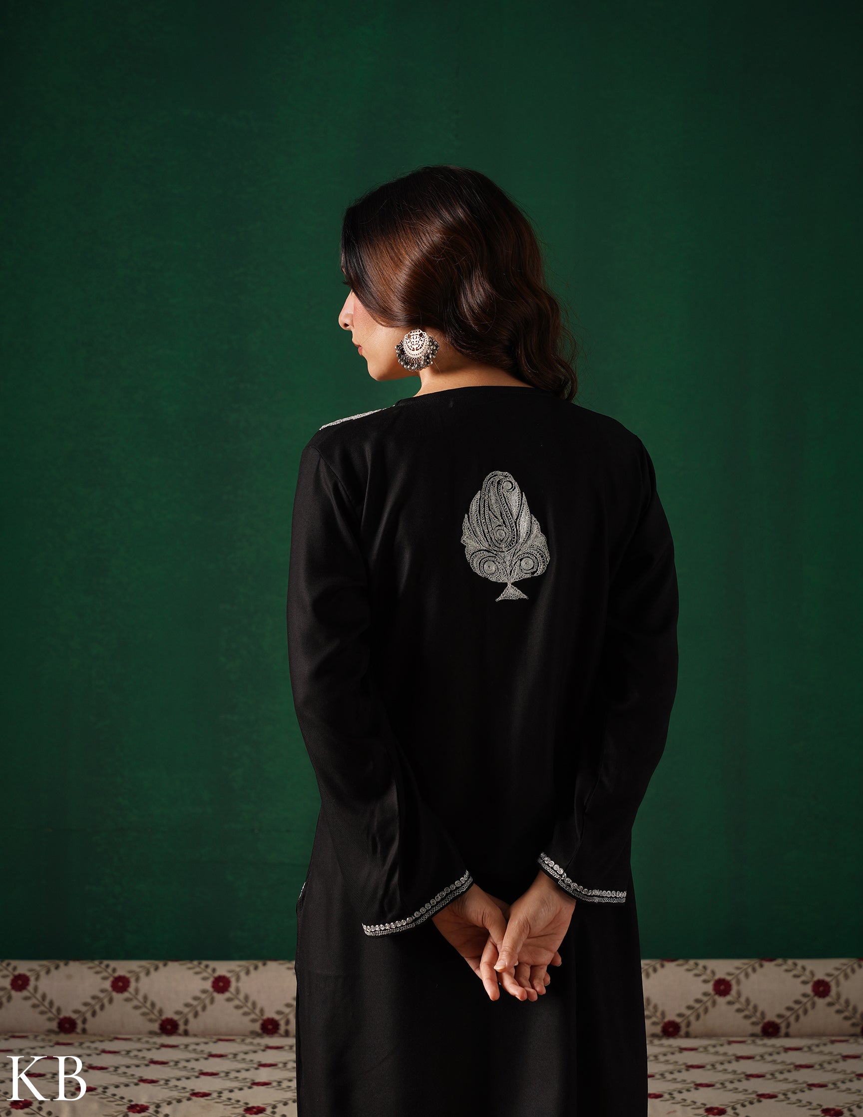 Kashmiri Silver Boti Tilla Embroidered Woollen Coordset – Black | Handcrafted Heritage - Kashmir Box