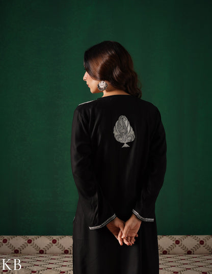 Kashmiri Silver Boti Tilla Embroidered Woollen Coordset – Black | Handcrafted Heritage - Kashmir Box