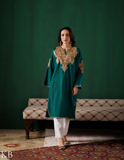 Kashmiri Golden Boti Tilla Embroidered Woollen Phiran – Bottle Green | Handcrafted Heritage