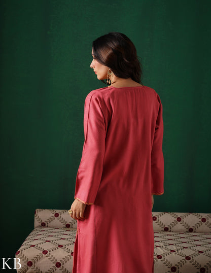 Kashmiri Golden Boti Tilla Embroidered Woollen Phiran – Pink | Handcrafted Heritage