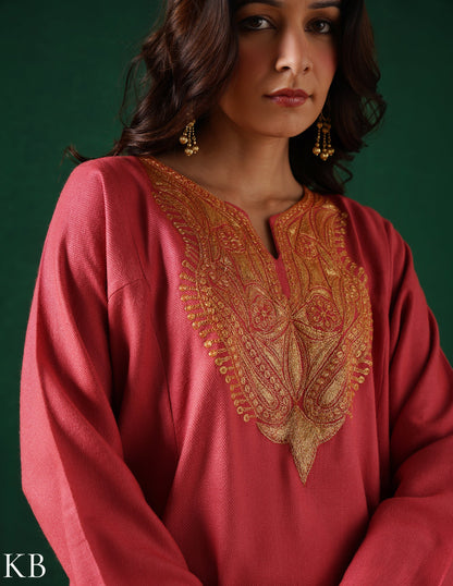 Kashmiri Golden Boti Tilla Embroidered Woollen Phiran – Pink | Handcrafted Heritage