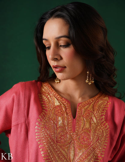 Kashmiri Golden Boti Tilla Embroidered Woollen Phiran – Pink | Handcrafted Heritage