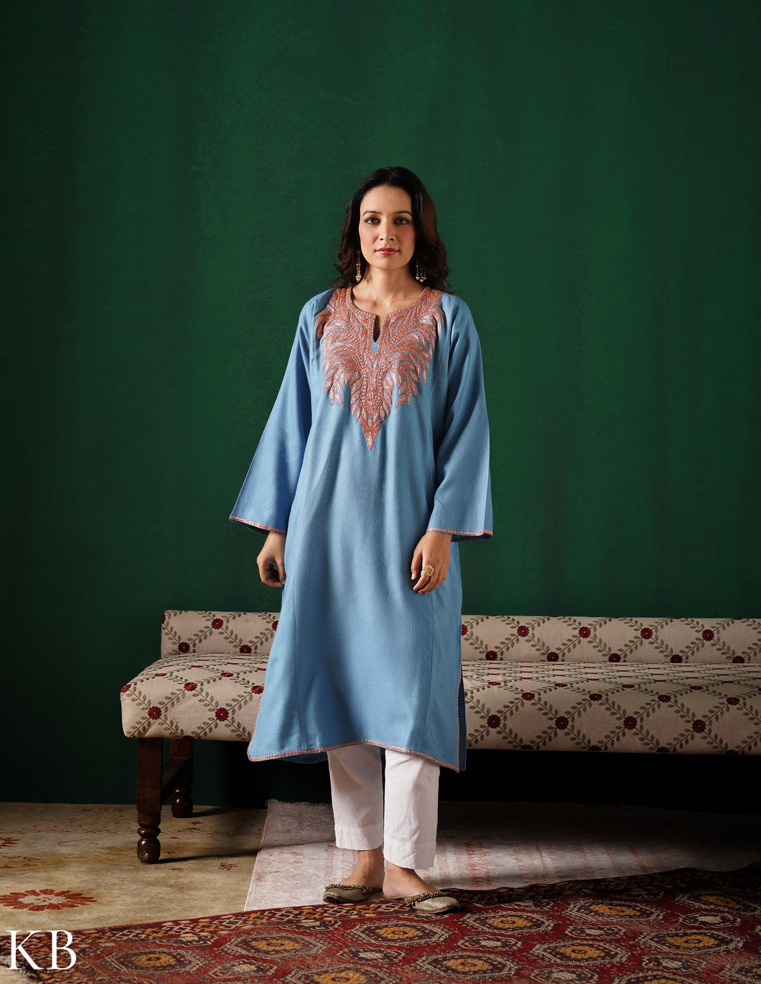 Kashmiri Golden Boti Tilla Embroidered Woollen Phiran – Light Blue | Handcrafted Heritage - Kashmir Box