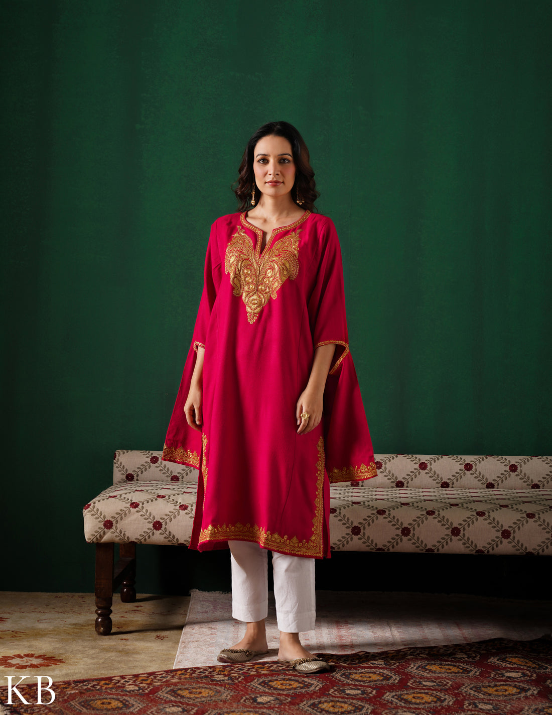 Kashmiri Golden Boti Tilla Embroidered Woollen Phiran – Magenta Pink | Handcrafted Heritage