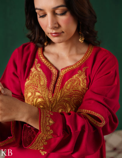 Kashmiri Golden Boti Tilla Embroidered Woollen Phiran – Magenta Pink | Handcrafted Heritage