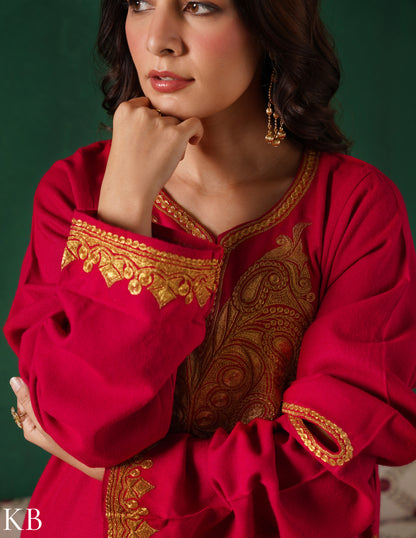 Kashmiri Golden Boti Tilla Embroidered Woollen Phiran – Magenta Pink | Handcrafted Heritage