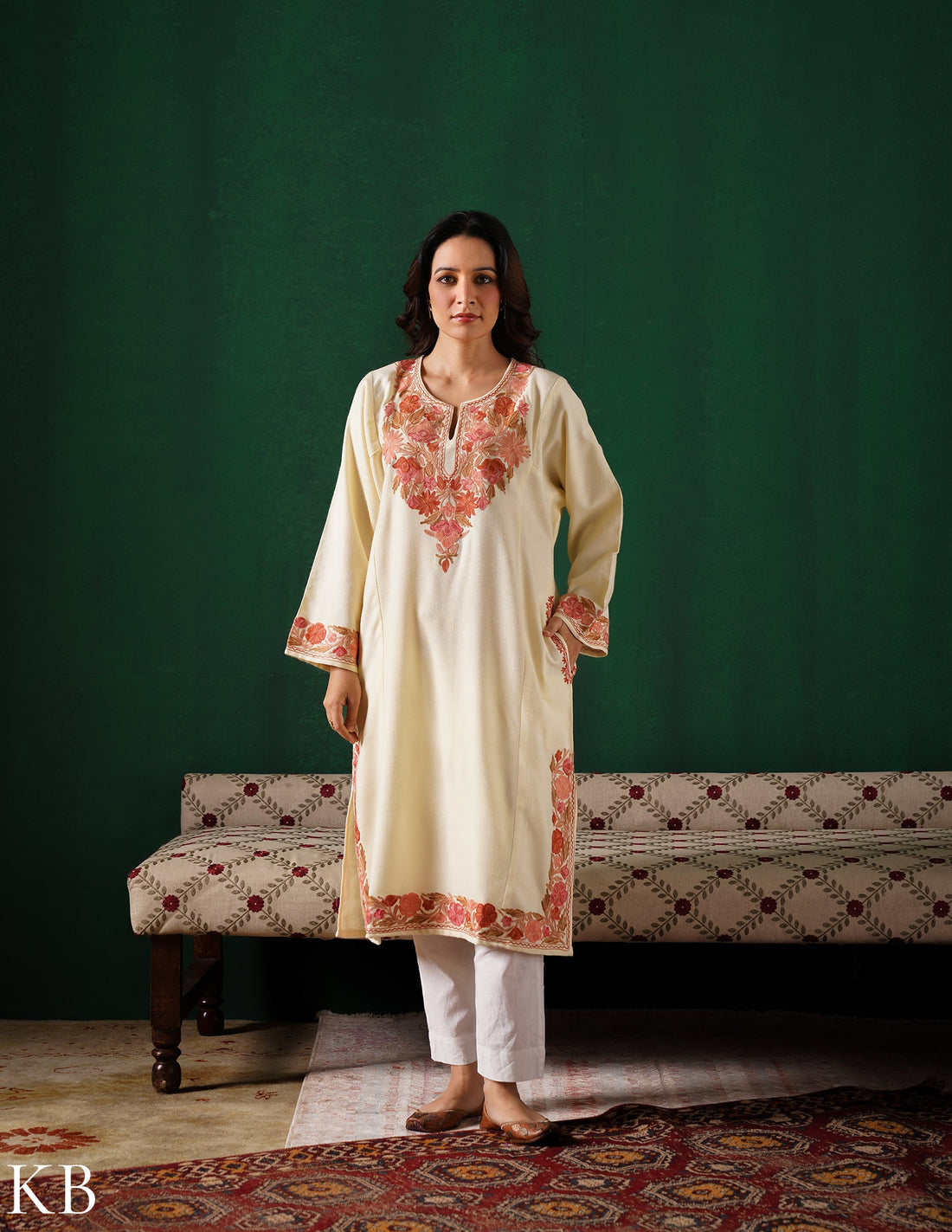 Kashmiri Pink &amp; Golden Aari Embroidered Woollen Phiran – Eggshell White | Timeless Winter Wear - Kashmir Box
