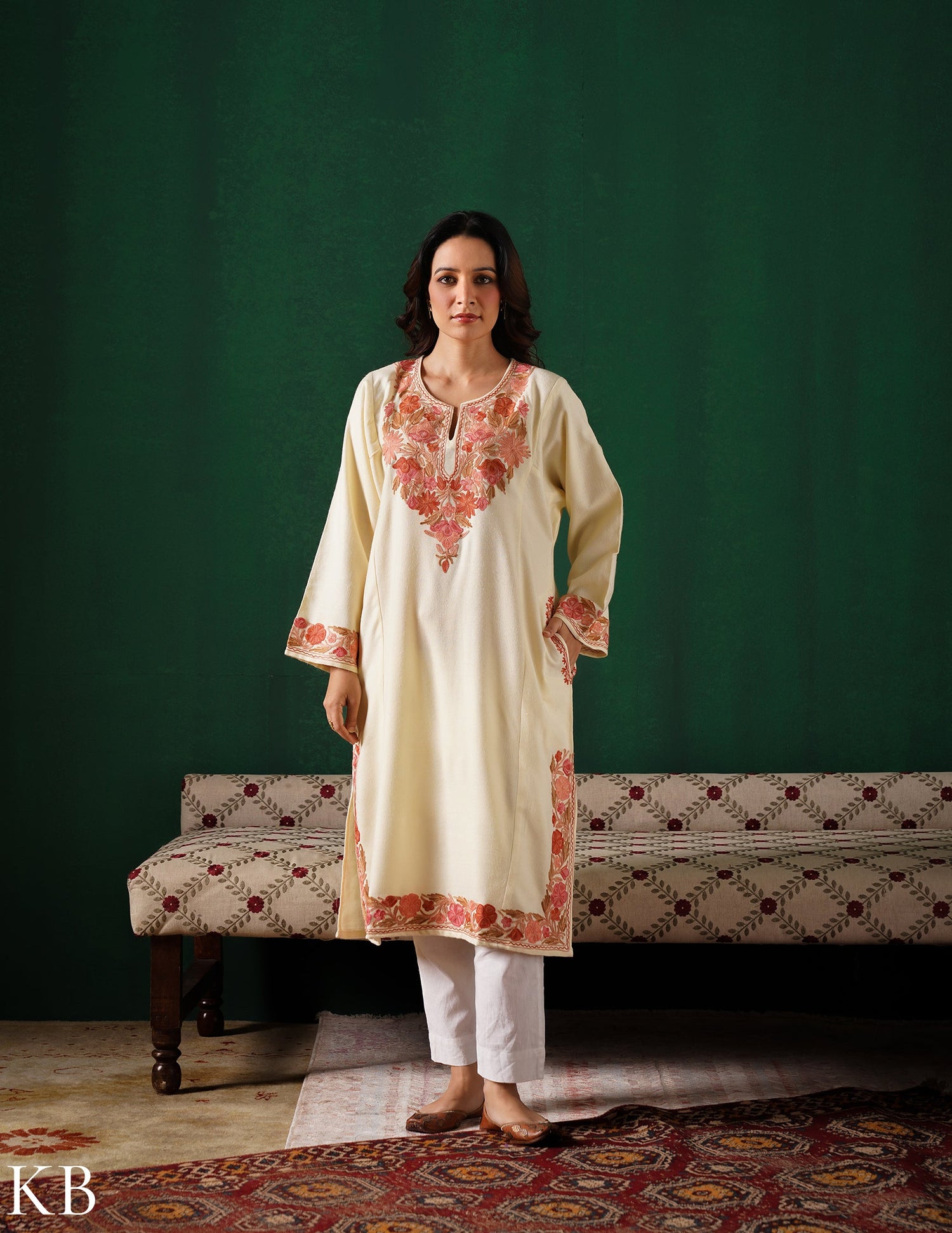 Kashmiri Pink &amp; Golden Aari Embroidered Woollen Phiran – Eggshell White | Timeless Winter Wear - Kashmir Box