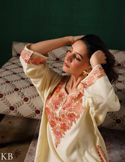 Kashmiri Pink &amp; Golden Aari Embroidered Woollen Phiran – Eggshell White | Timeless Winter Wear - Kashmir Box