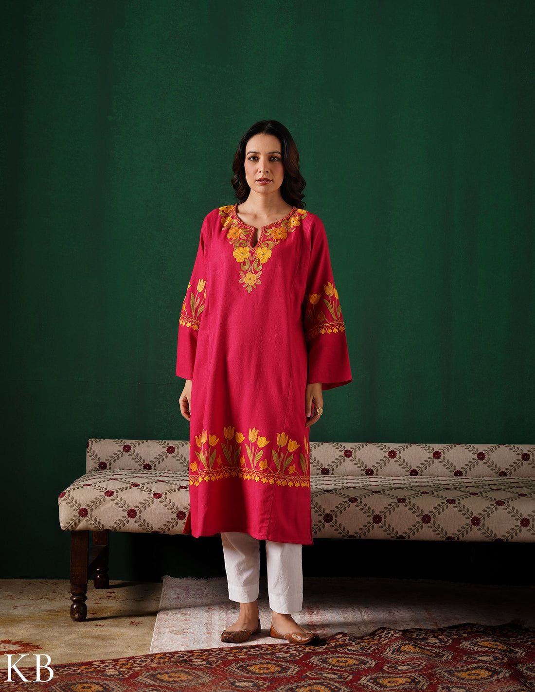 Kashmiri Golden &amp; Green Aari Embroidered Woollen Phiran – Pink | Timeless Winter Wear - Kashmir Box