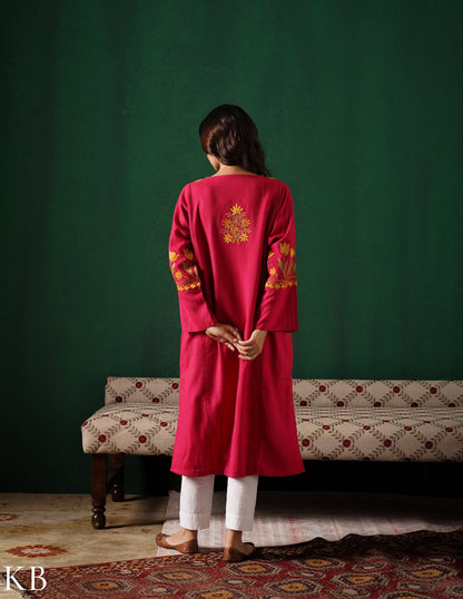 Kashmiri Golden &amp; Green Aari Embroidered Woollen Phiran – Pink | Timeless Winter Wear - Kashmir Box