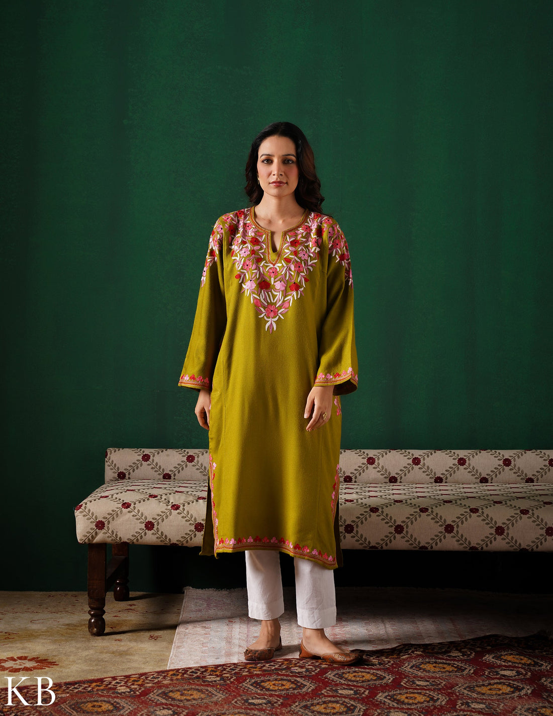 Kashmiri Multi Colour Aari Embroidered Woollen Phiran – Green | Timeless Winter Wear - Kashmir Box