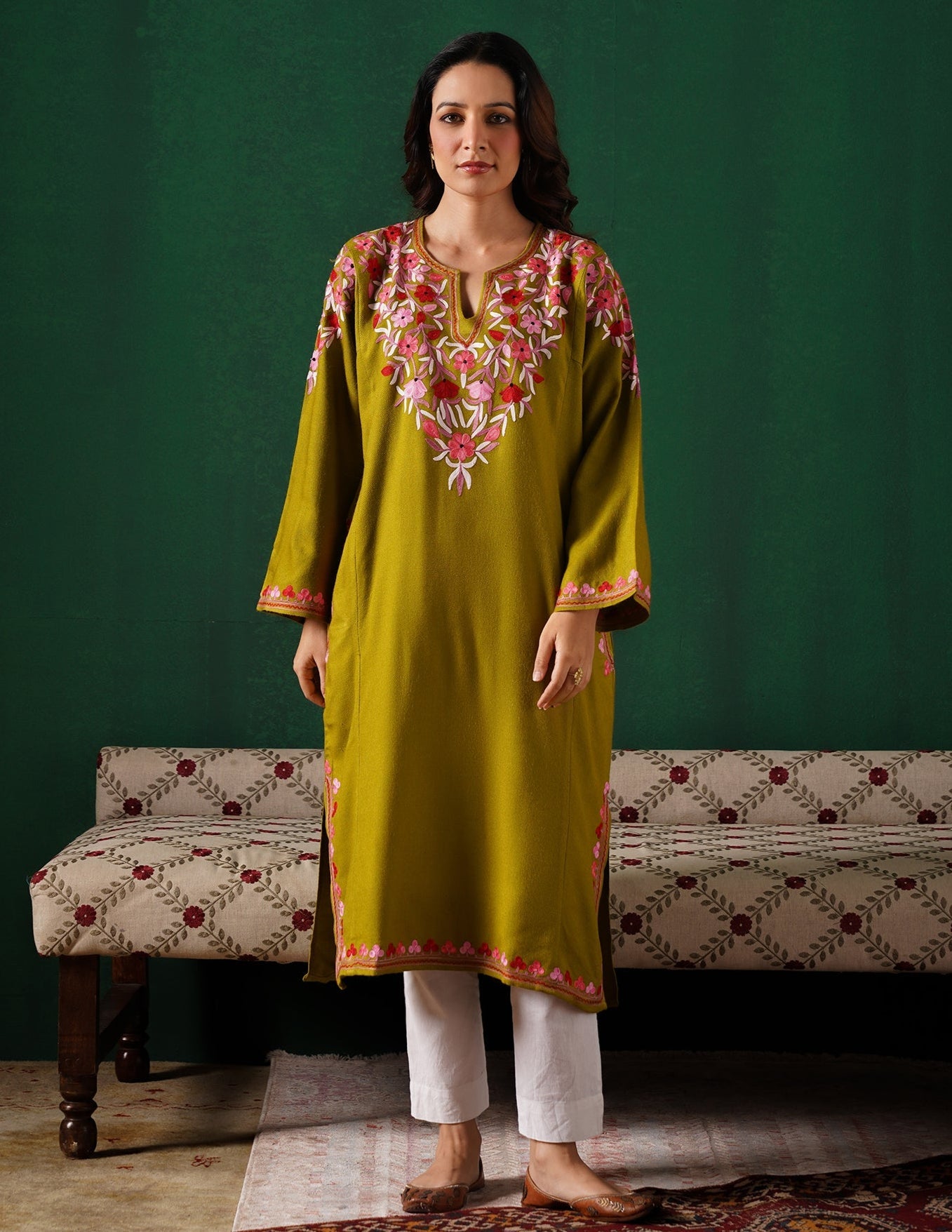 Kashmiri Multi Colour Aari Embroidered Woollen Phiran – Green | Timeless Winter Wear - Kashmir Box
