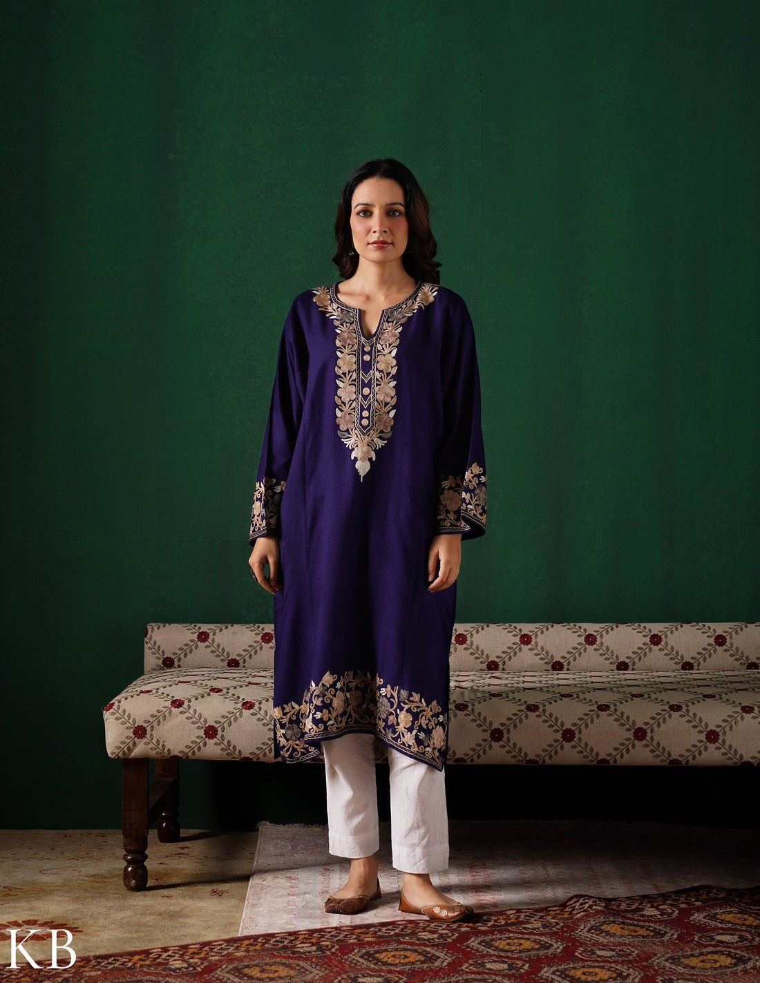 Kashmiri Light Brown Aari Embroidered Woollen Phiran – Blue | Timeless Winter Wear - Kashmir Box