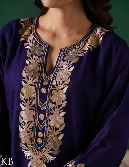 Kashmiri Light Brown Aari Embroidered Woollen Phiran – Blue | Timeless Winter Wear - Kashmir Box