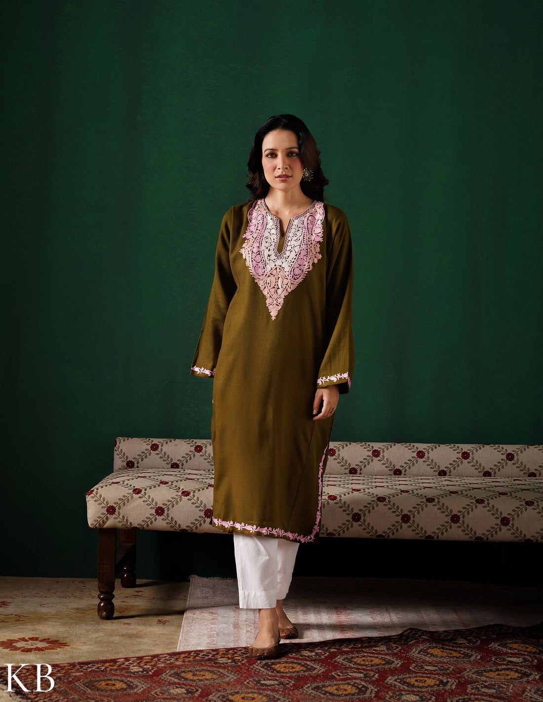 Kashmiri Light Pink Aari Embroidered Woollen Phiran – Olive Green | Timeless Winter Wear - Kashmir Box