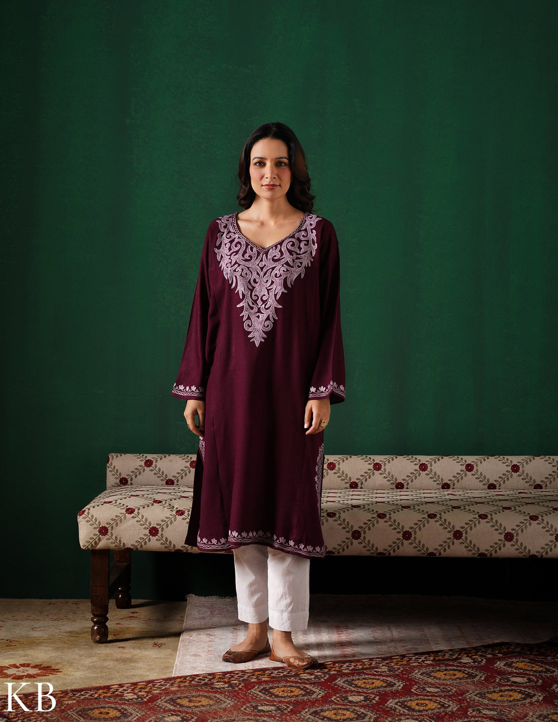 Kashmiri Light Purple Aari Embroidered Woollen Phiran – Wine | Timeless Winter Wear - Kashmir Box
