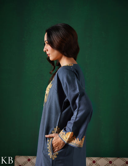 Kashmiri Beige Aari Embroidered Woollen Phiran – Grey | Timeless Winter Wear