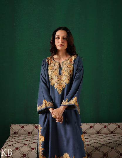 Kashmiri Beige Aari Embroidered Woollen Phiran – Grey | Timeless Winter Wear - Kashmir Box