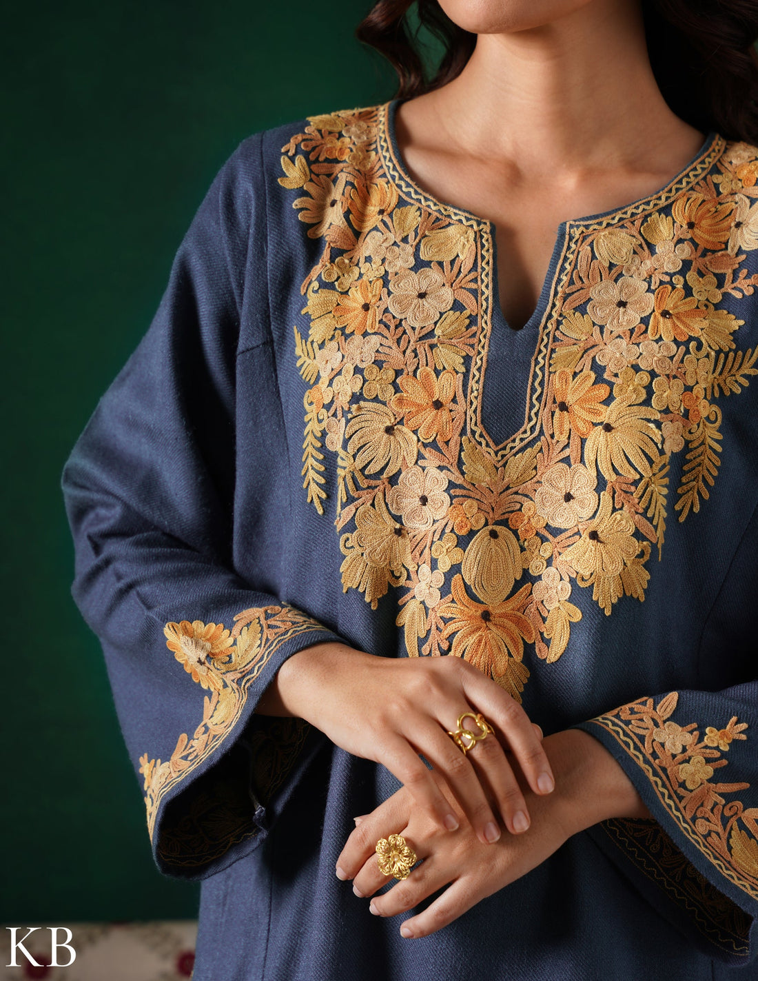 Kashmiri Beige Aari Embroidered Woollen Phiran – Grey | Timeless Winter Wear - Kashmir Box