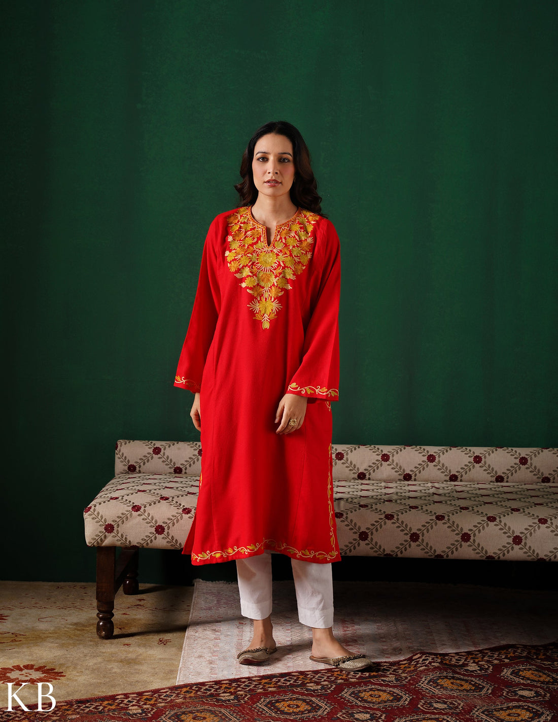 Kashmiri Golden Yellow Aari Embroidered Woollen Phiran – Red | Timeless Winter Wear - Kashmir Box