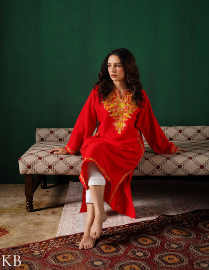 Kashmiri Golden Yellow Aari Embroidered Woollen Phiran – Red | Timeless Winter Wear - Kashmir Box