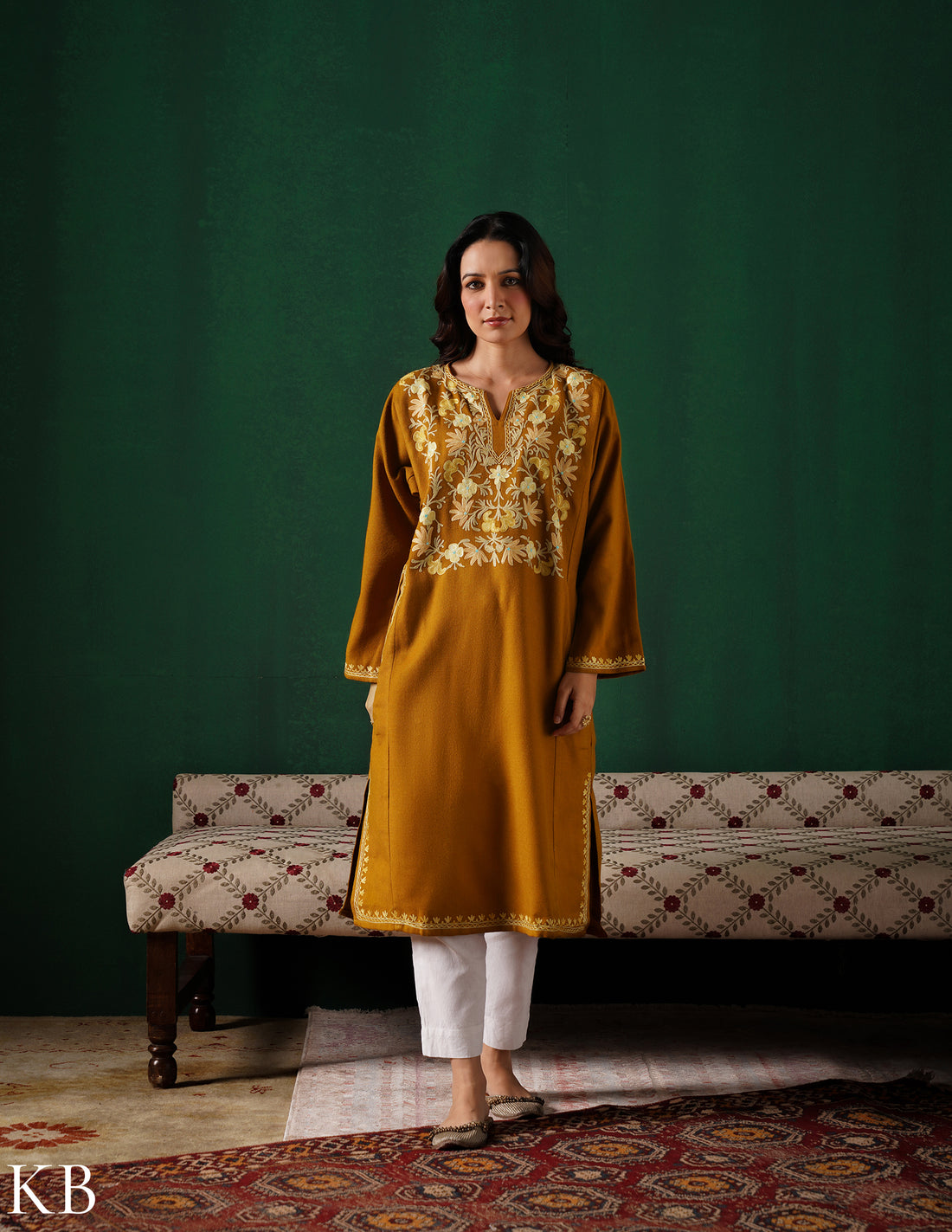 Kashmiri Light Mustard Aari Embroidered Woollen Phiran – Mustard | Timeless Winter Wear