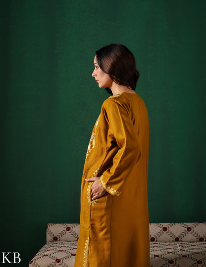 Kashmiri Light Mustard Aari Embroidered Woollen Phiran – Mustard | Timeless Winter Wear - Kashmir Box