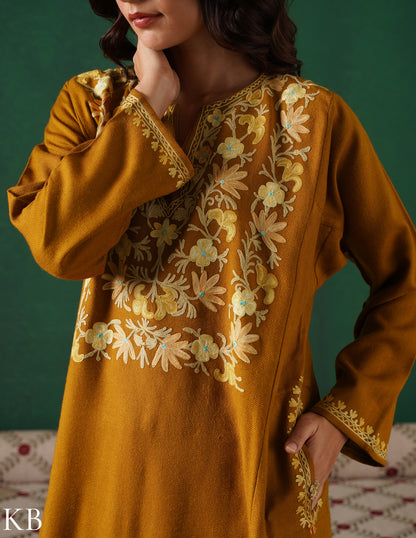 Kashmiri Light Mustard Aari Embroidered Woollen Phiran – Mustard | Timeless Winter Wear