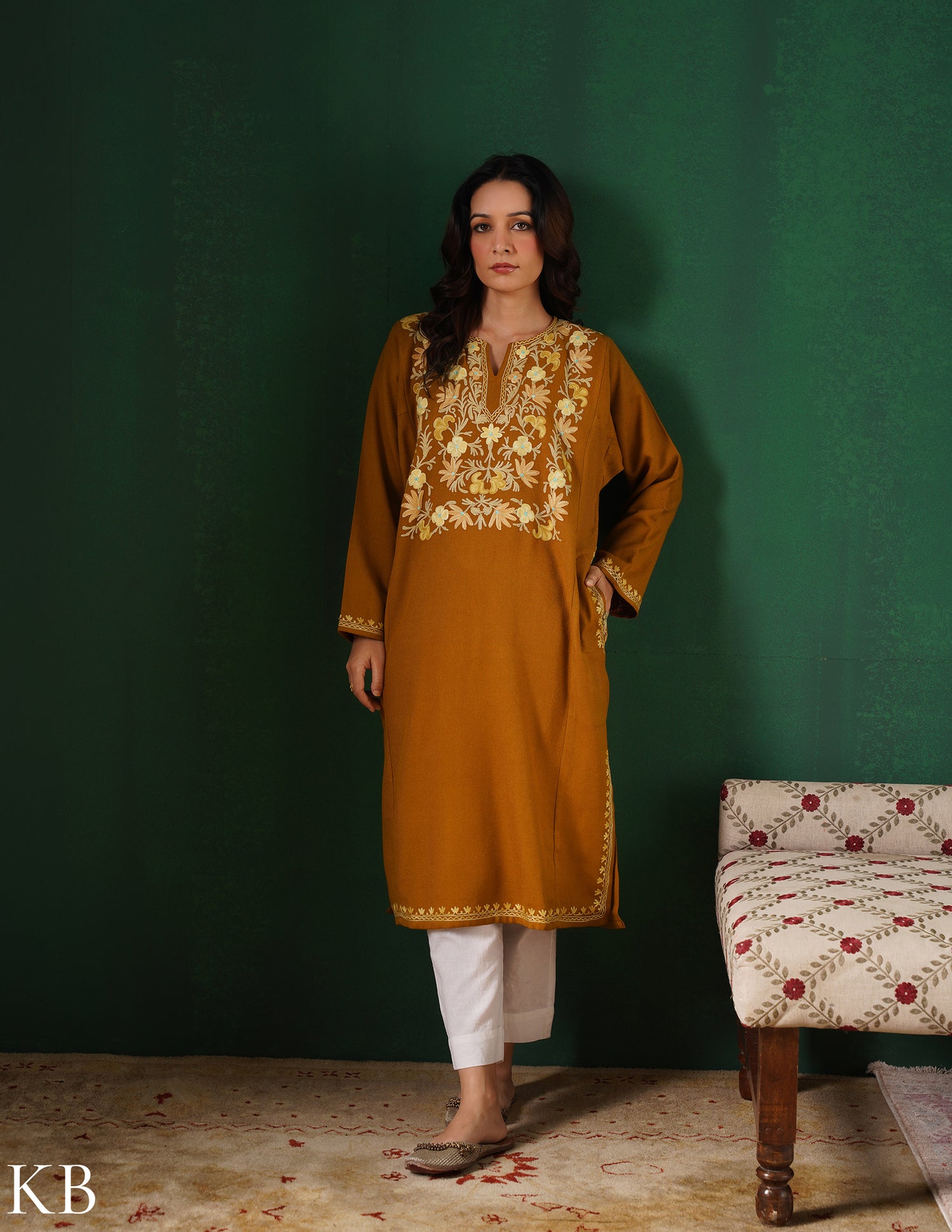 Kashmiri Light Mustard Aari Embroidered Woollen Phiran – Mustard | Timeless Winter Wear