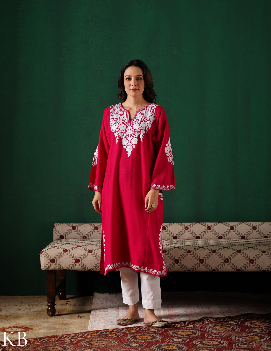 Kashmiri White Aari Embroidered Woollen Phiran – Pink | Timeless Winter Wear - Kashmir Box
