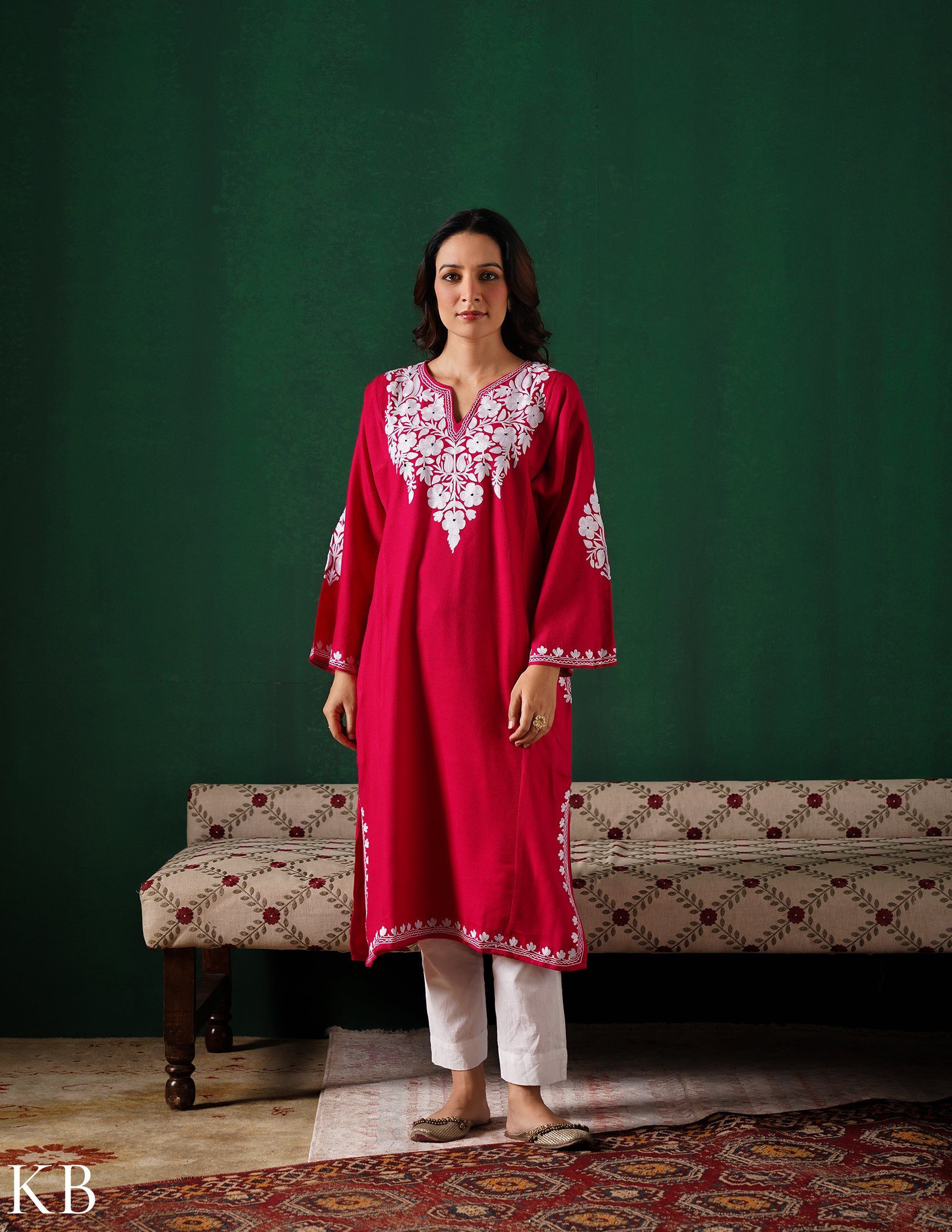 Kashmiri White Aari Embroidered Woollen Phiran – Pink | Timeless Winter Wear - Kashmir Box