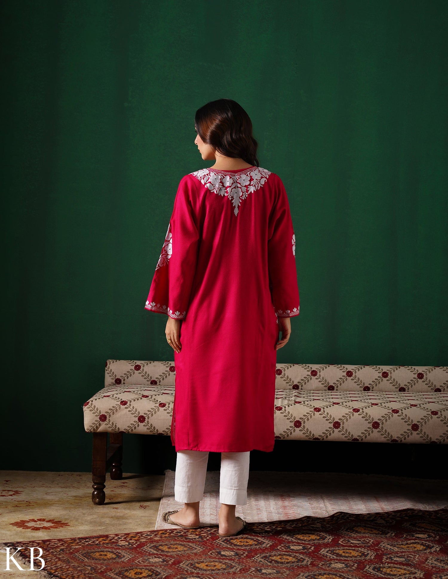 Kashmiri White Aari Embroidered Woollen Phiran – Pink | Timeless Winter Wear - Kashmir Box