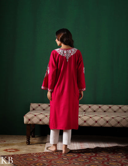 Kashmiri White Aari Embroidered Woollen Phiran – Pink | Timeless Winter Wear - Kashmir Box
